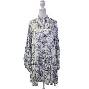 NWT Commense Gray Ink Marta Toile Button High Neck Mini Dress Small *NO BELT*